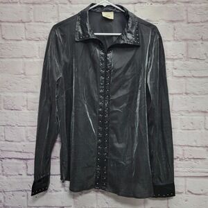 Sterling & Stitch Black Metallic Zip Shirt Womens XL Studded Goth Punk Cyber Y2K